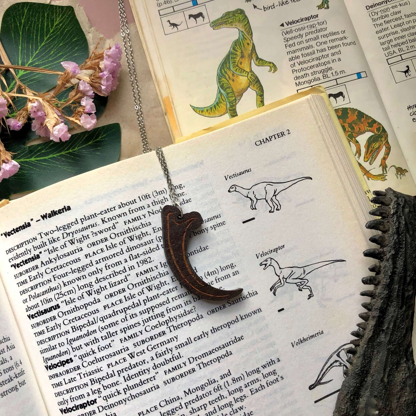 Wooden Velociraptor Claw Charm Necklace