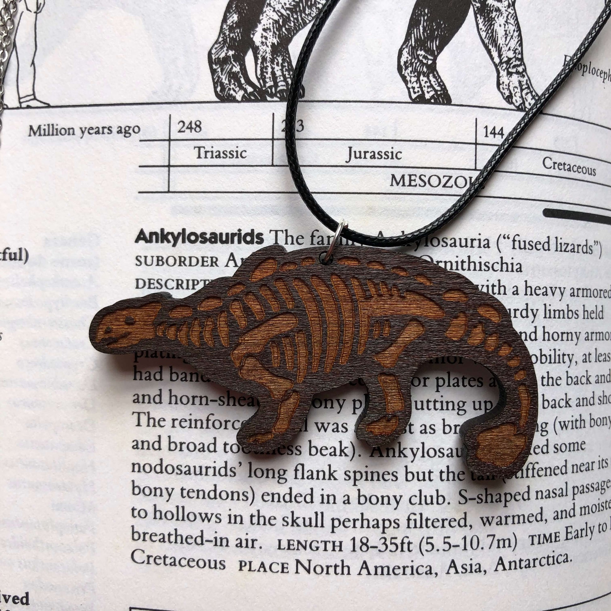 A wooden necklace of a stylised Ankylosaurus skeleton. The skeleton is engraved. It is hanging on a waxed black cord necklace.