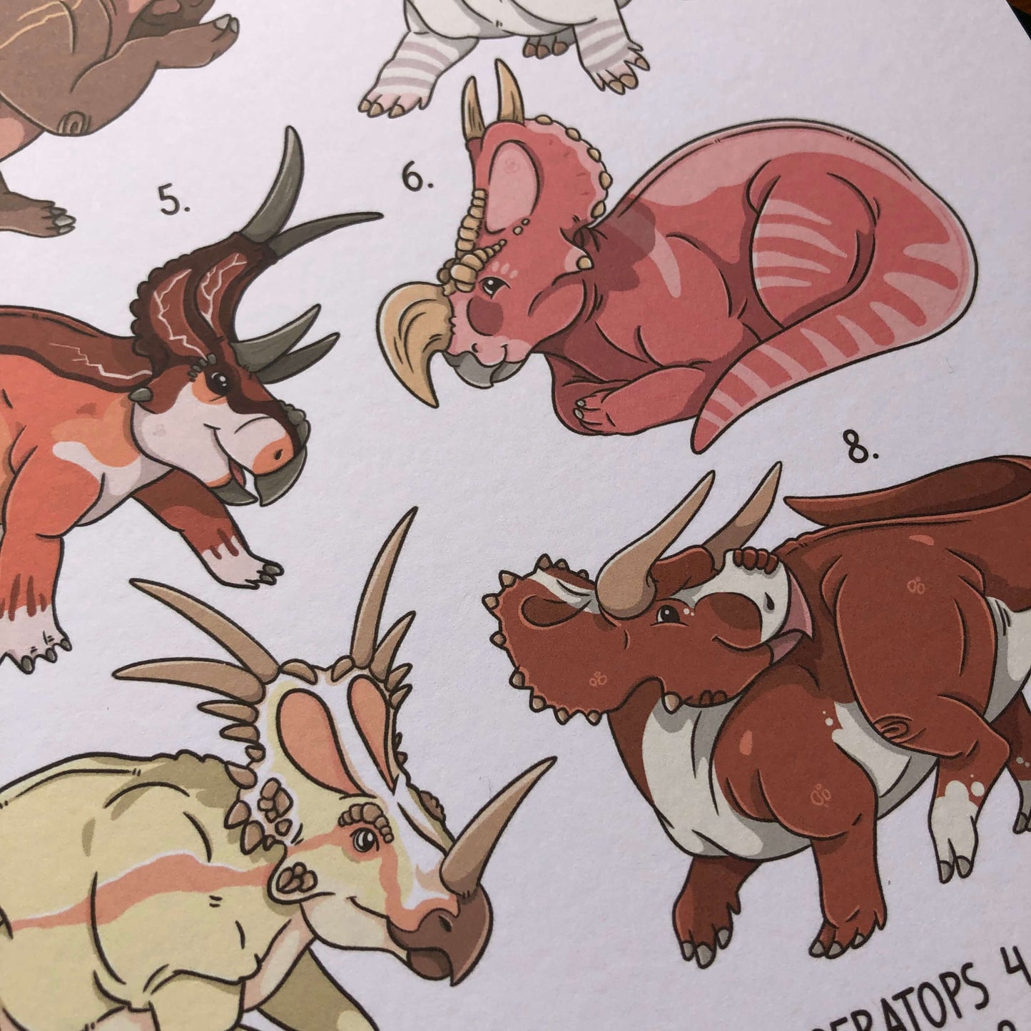 A close up of illustrations of Diabloceratops, Einiosaurus, Styracosaurus and Nasutoceratops, as part of an A4 art print.