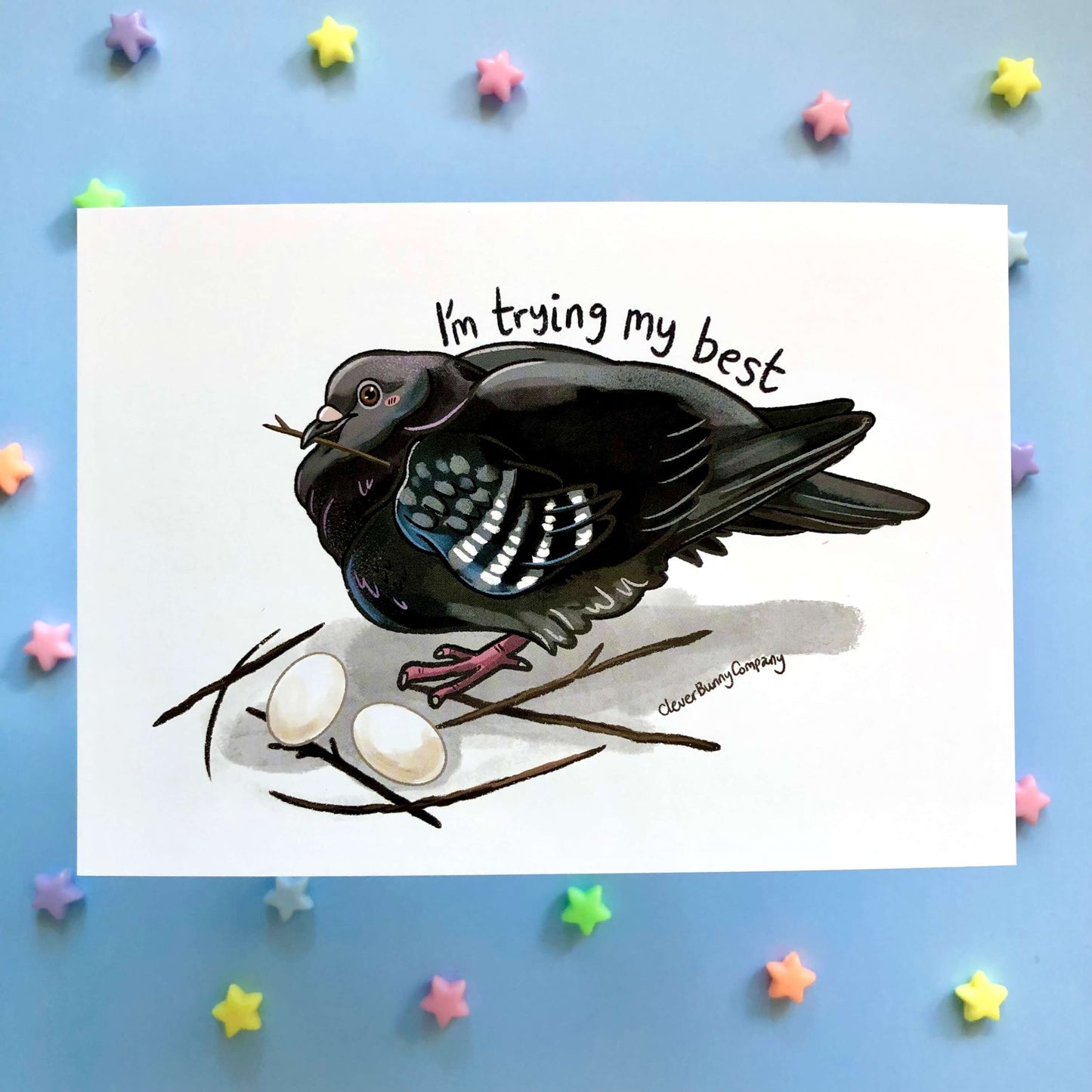 A postcard of a pigeon with a twig in its beak sitting on a poorly built nest of 6 sticks, with two eggs. The text reads 'I'm trying my best' above the pigeon.