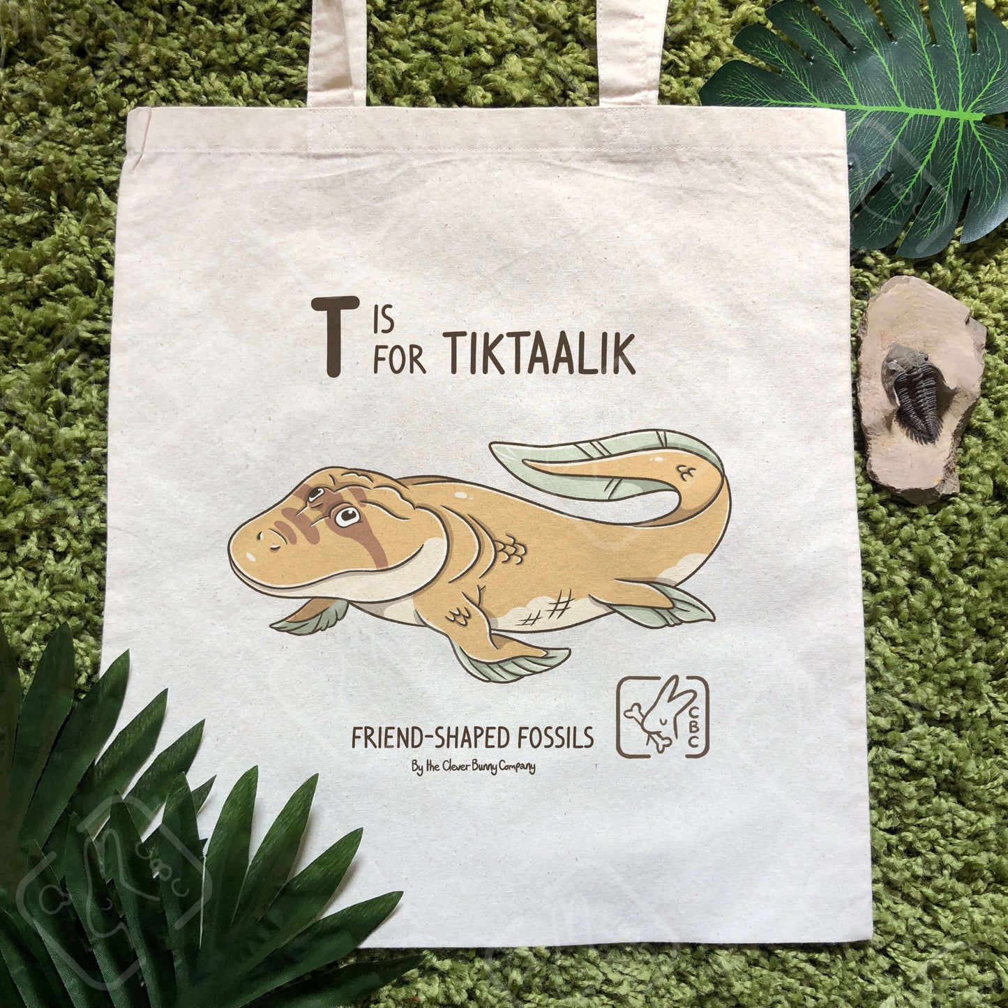 A cute Tiktaalik illustration printed onto a cotton tote bag.