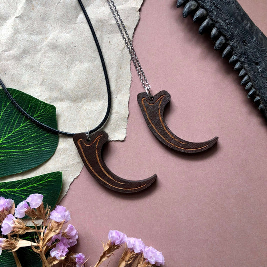 Wooden Velociraptor Claw Charm Necklace