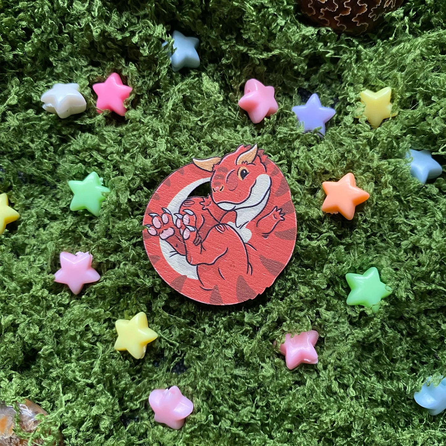 Wooden Carnotaurus Pin Badge