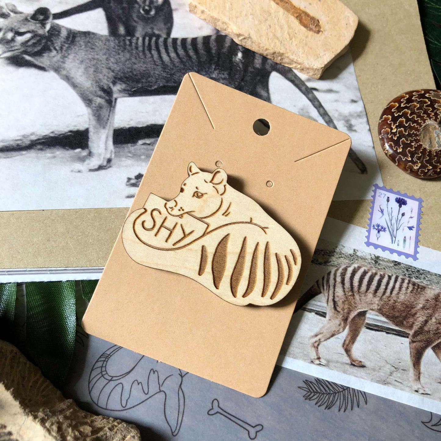 A wooden engraved pin badge of a Thylacine holding a sign that reads “shy”. 